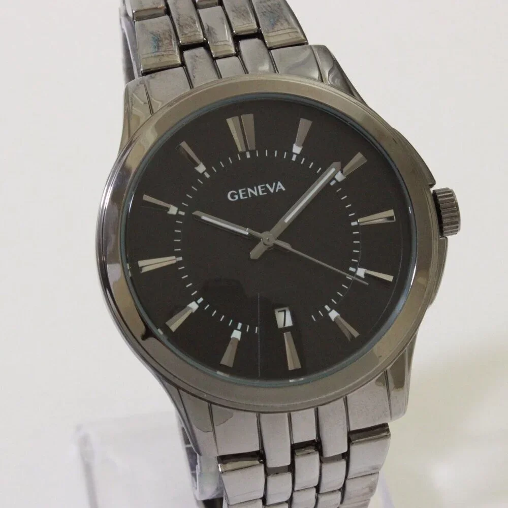 Geneva Men's Casual Quartz Watch Raised Indices GunMetal Finish 42mm